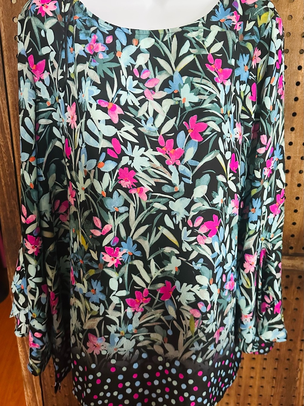 Chaus Black Floral Blouse with Pink & Blue Accents Size XL